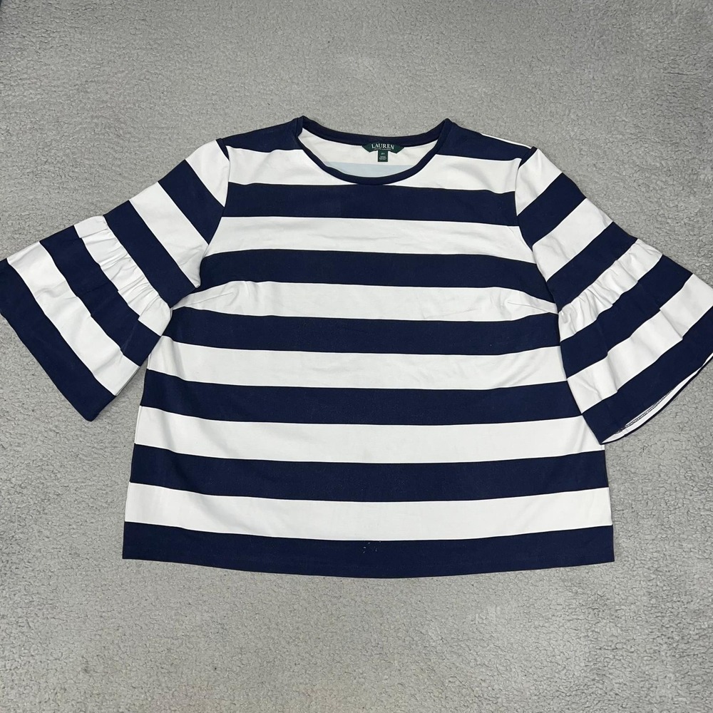 Lauren Ralph Lauren T Shirt Women's Sz 2XL XXL Blue Stripe Bell Sleeve Nautical
